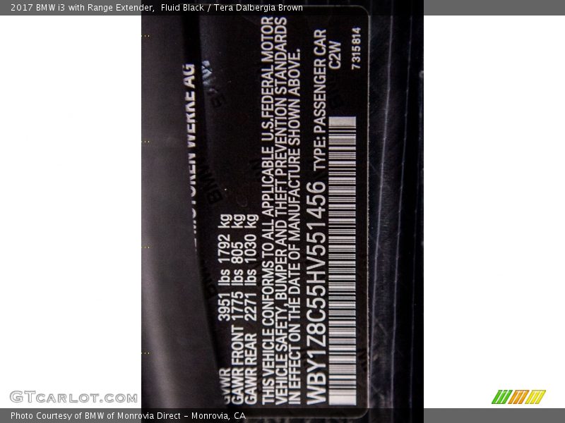 2017 i3 with Range Extender Fluid Black Color Code C2W