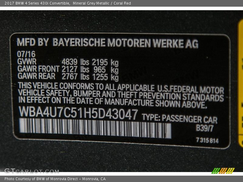 2017 4 Series 430i Convertible Mineral Grey Metallic Color Code B39
