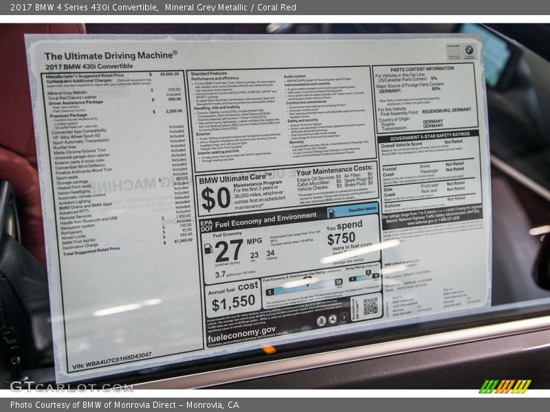  2017 4 Series 430i Convertible Window Sticker