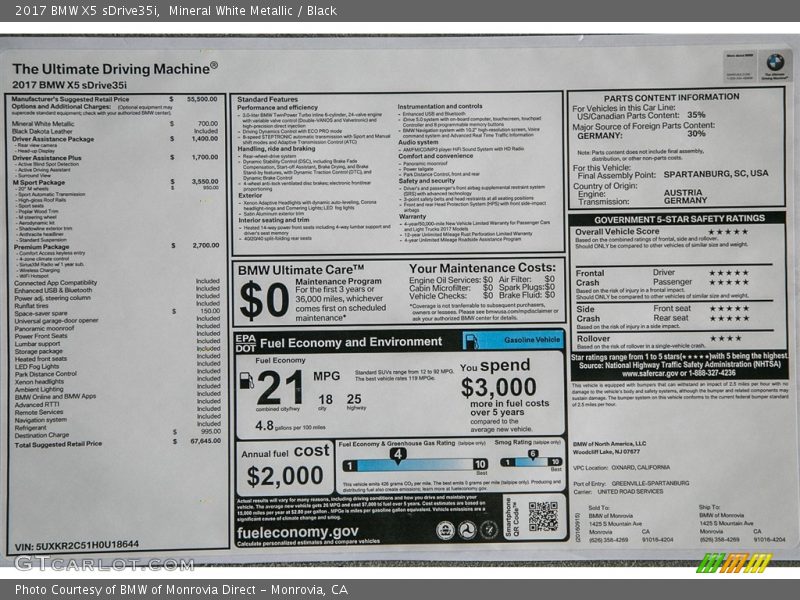 2017 X5 sDrive35i Window Sticker