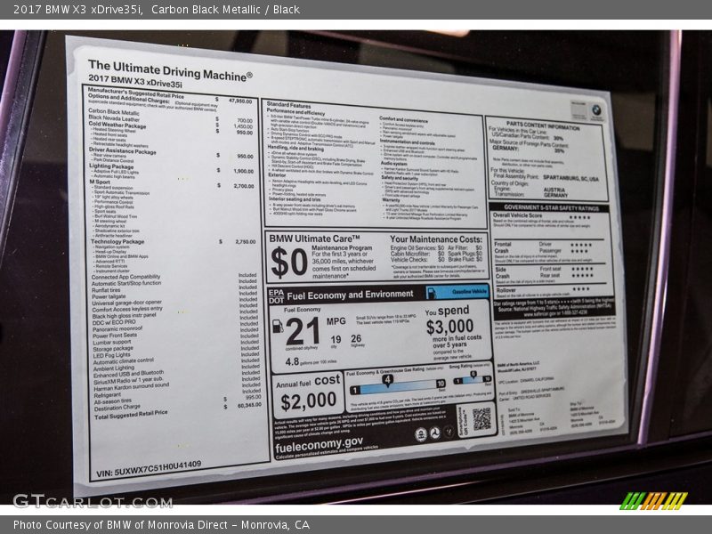 Carbon Black Metallic / Black 2017 BMW X3 xDrive35i