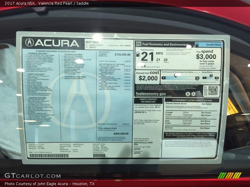  2017 NSX  Window Sticker