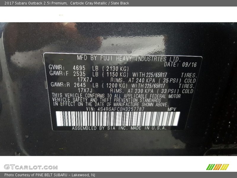 Carbide Gray Metallic / Slate Black 2017 Subaru Outback 2.5i Premium