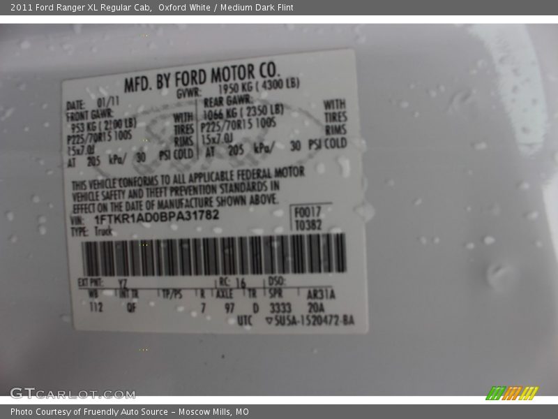 Oxford White / Medium Dark Flint 2011 Ford Ranger XL Regular Cab