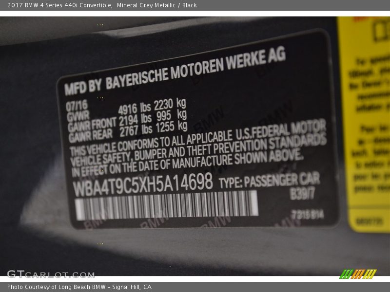 Mineral Grey Metallic / Black 2017 BMW 4 Series 440i Convertible