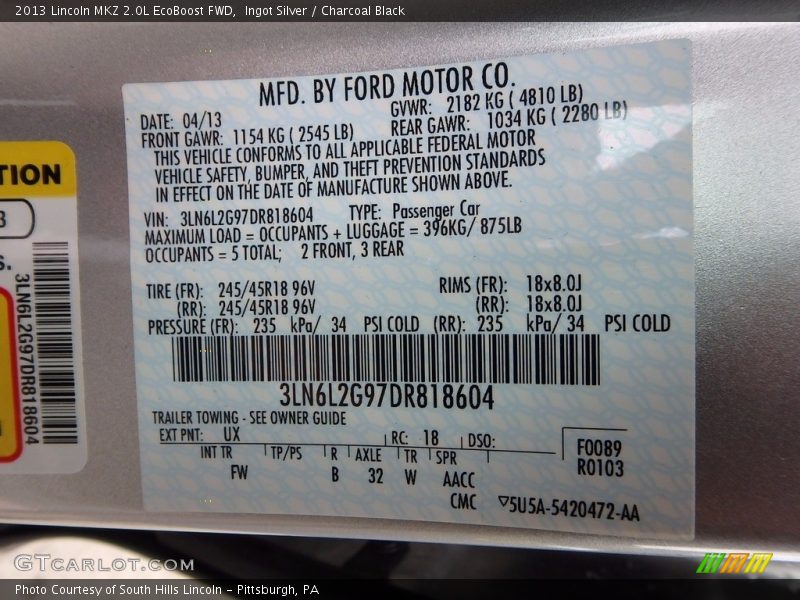 Ingot Silver / Charcoal Black 2013 Lincoln MKZ 2.0L EcoBoost FWD