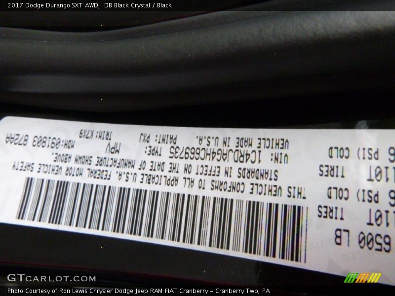 2017 Durango SXT AWD DB Black Crystal Color Code PXJ
