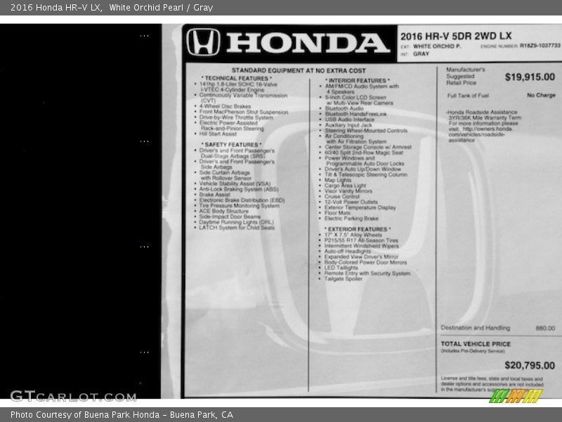 White Orchid Pearl / Gray 2016 Honda HR-V LX