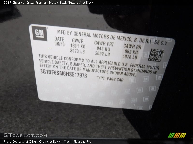 Mosaic Black Metallic / Jet Black 2017 Chevrolet Cruze Premier