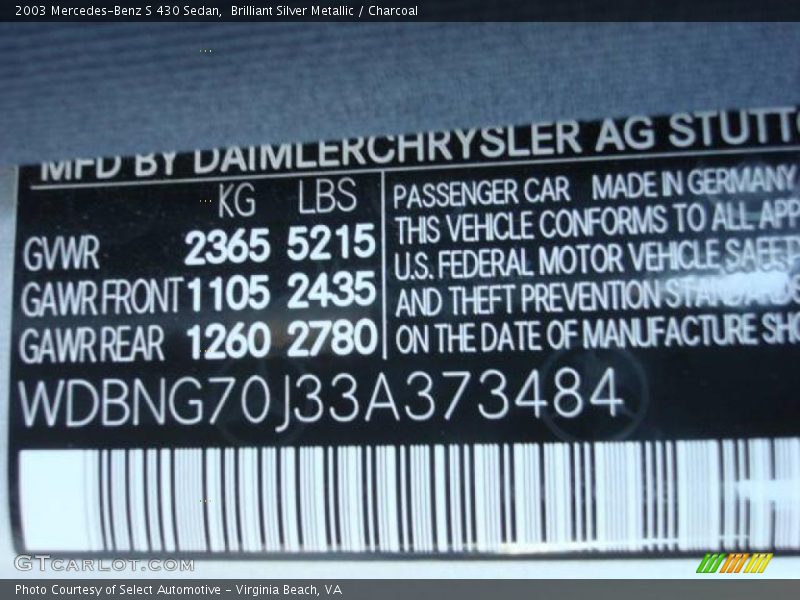 Brilliant Silver Metallic / Charcoal 2003 Mercedes-Benz S 430 Sedan