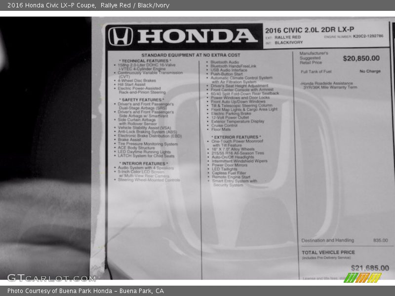 Rallye Red / Black/Ivory 2016 Honda Civic LX-P Coupe