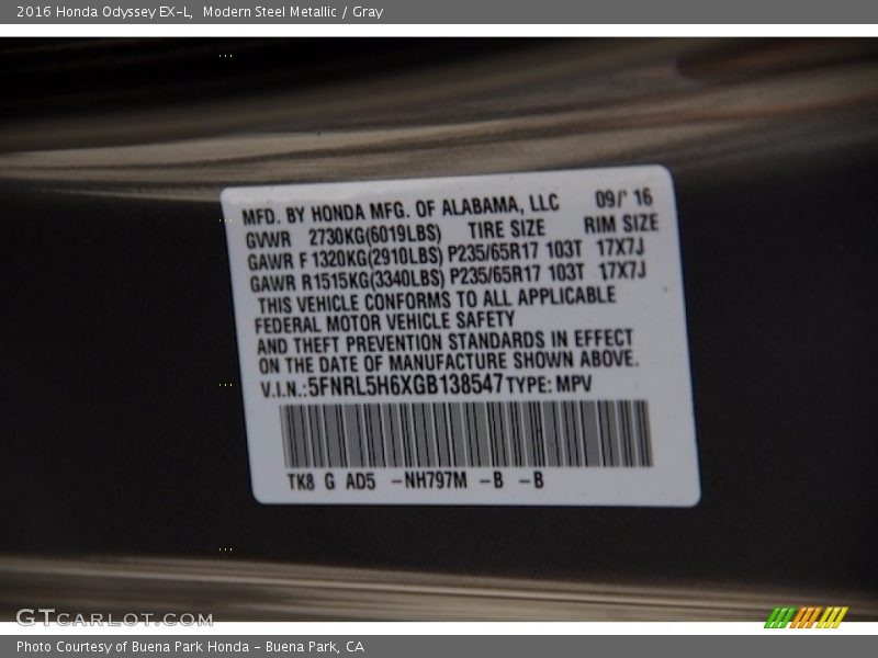 Modern Steel Metallic / Gray 2016 Honda Odyssey EX-L