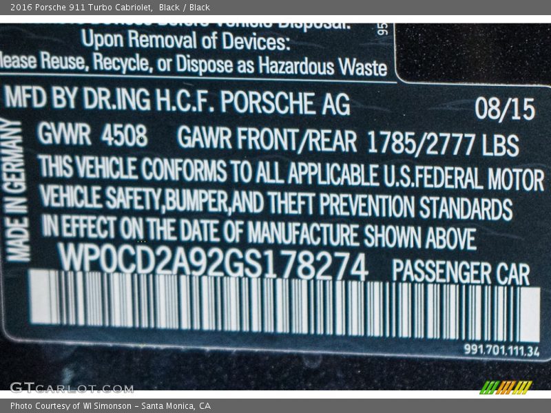 Black / Black 2016 Porsche 911 Turbo Cabriolet