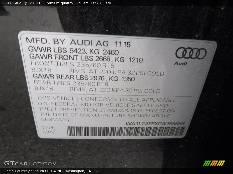 Brilliant Black / Black 2016 Audi Q5 2.0 TFSI Premium quattro