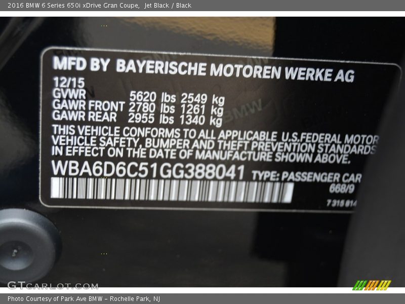 Jet Black / Black 2016 BMW 6 Series 650i xDrive Gran Coupe