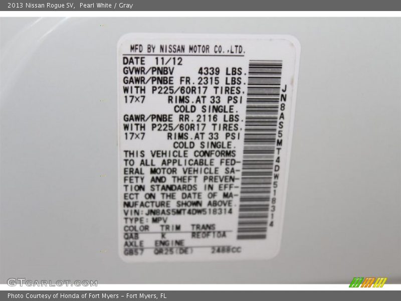 Pearl White / Gray 2013 Nissan Rogue SV