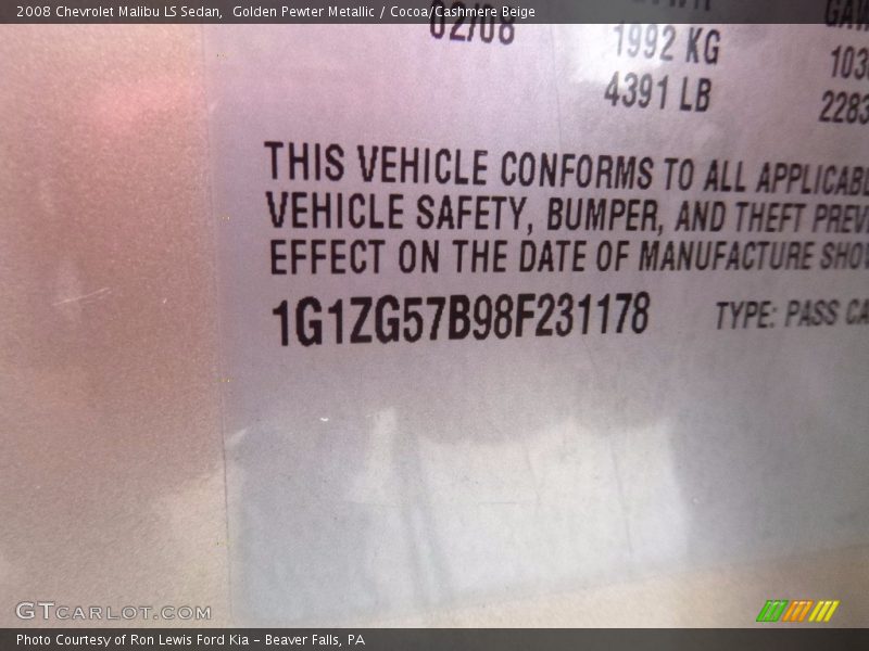 Golden Pewter Metallic / Cocoa/Cashmere Beige 2008 Chevrolet Malibu LS Sedan