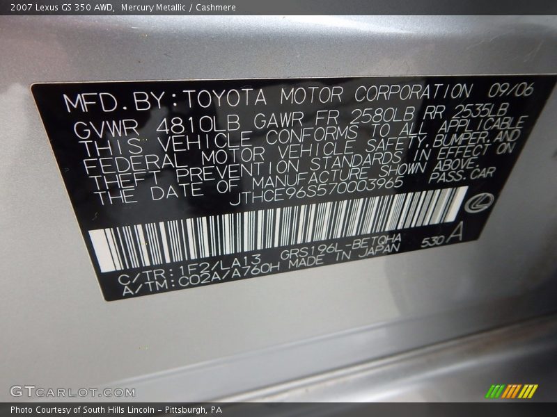 Mercury Metallic / Cashmere 2007 Lexus GS 350 AWD