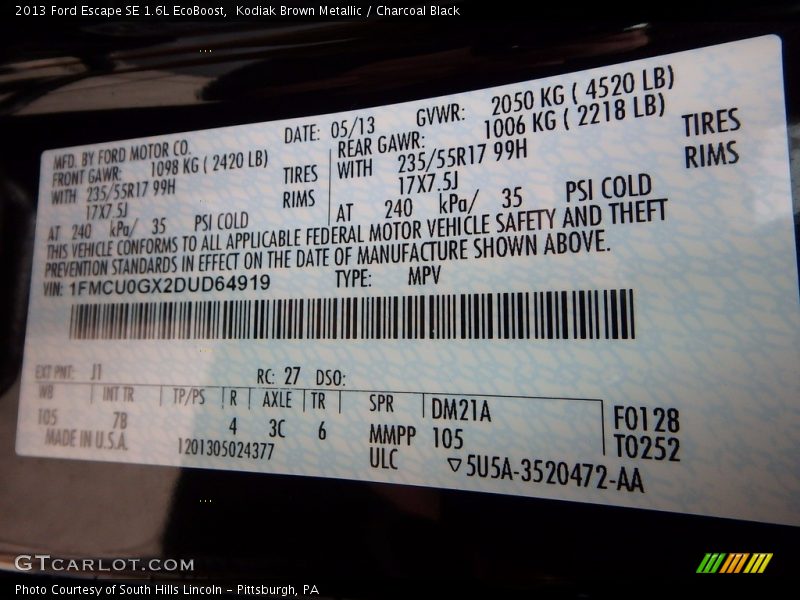 Kodiak Brown Metallic / Charcoal Black 2013 Ford Escape SE 1.6L EcoBoost