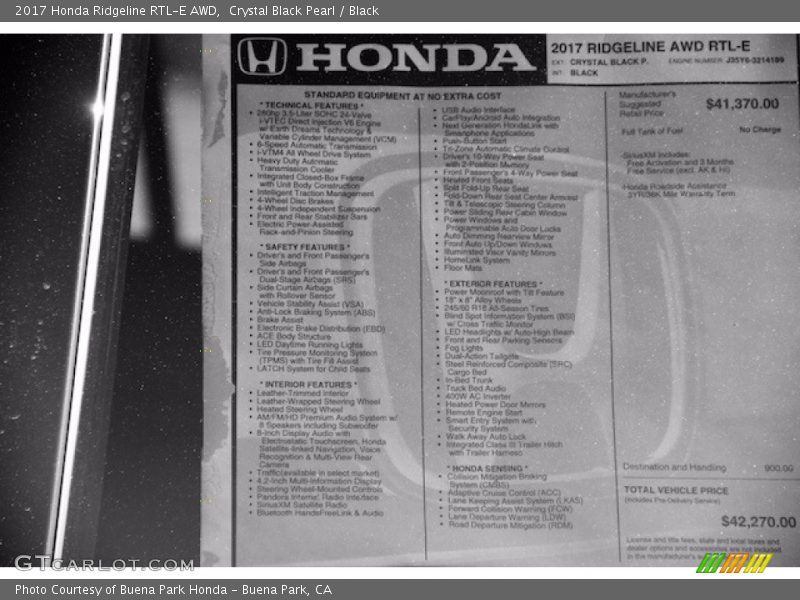  2017 Ridgeline RTL-E AWD Window Sticker