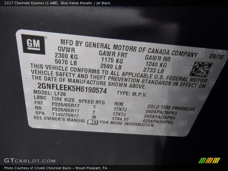 Blue Velvet Metallic / Jet Black 2017 Chevrolet Equinox LS AWD