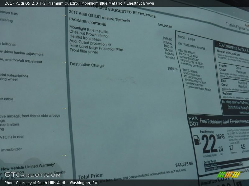 Moonlight Blue Metallic / Chestnut Brown 2017 Audi Q5 2.0 TFSI Premium quattro