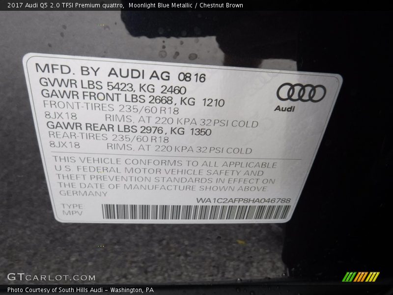 Moonlight Blue Metallic / Chestnut Brown 2017 Audi Q5 2.0 TFSI Premium quattro