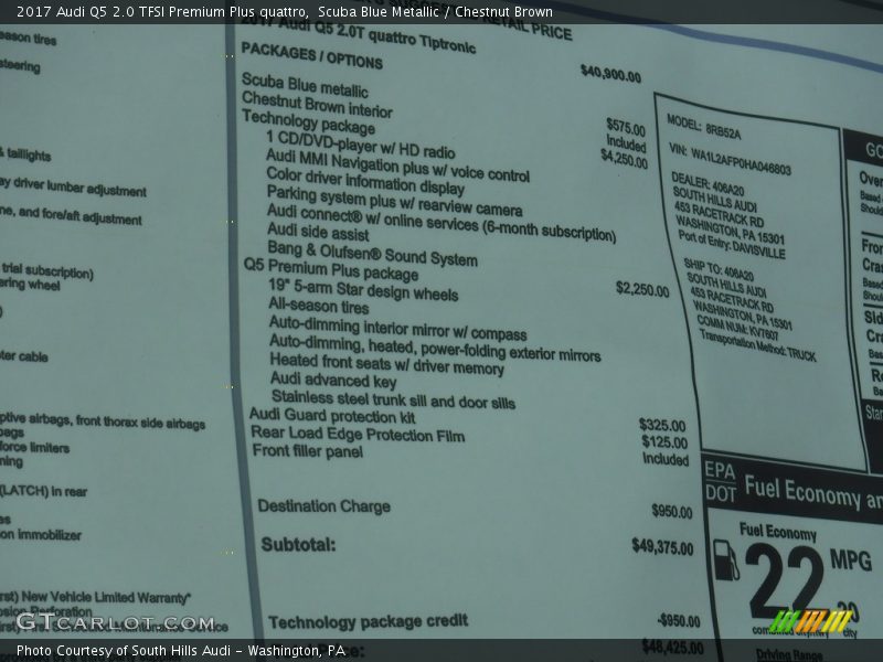  2017 Q5 2.0 TFSI Premium Plus quattro Window Sticker