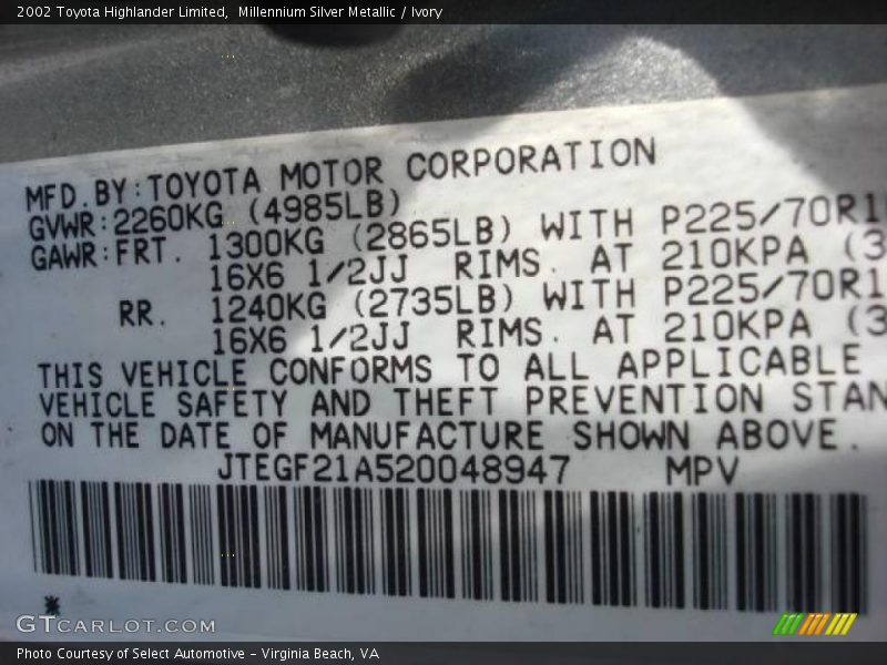 Millennium Silver Metallic / Ivory 2002 Toyota Highlander Limited