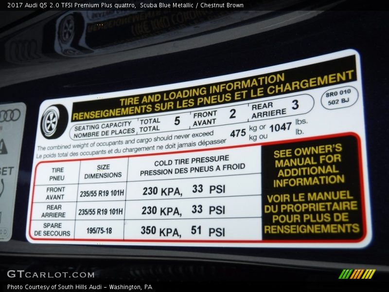 Scuba Blue Metallic / Chestnut Brown 2017 Audi Q5 2.0 TFSI Premium Plus quattro
