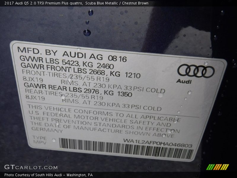 Scuba Blue Metallic / Chestnut Brown 2017 Audi Q5 2.0 TFSI Premium Plus quattro