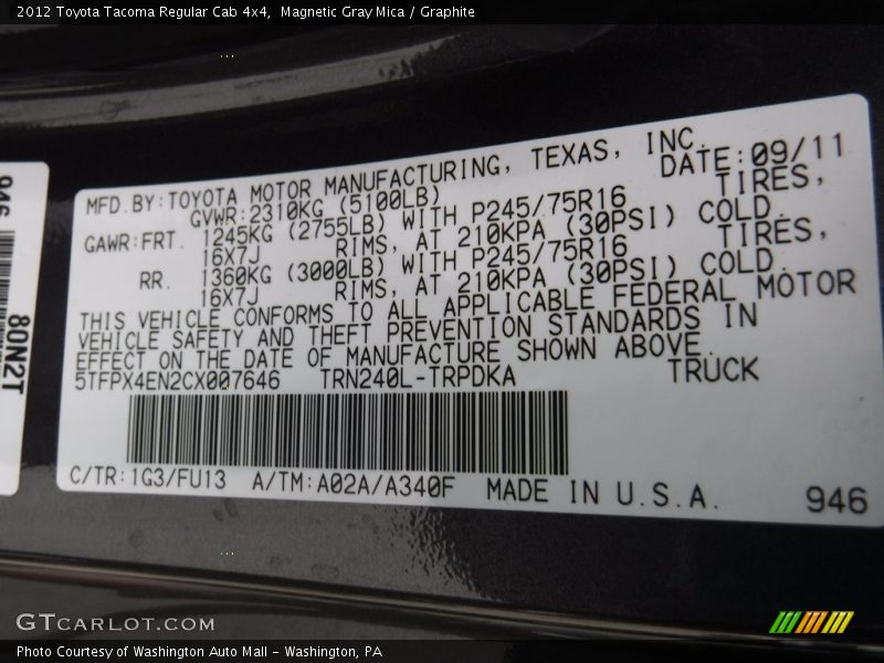 Magnetic Gray Mica / Graphite 2012 Toyota Tacoma Regular Cab 4x4
