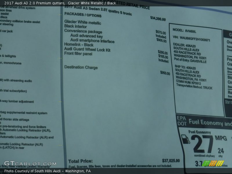  2017 A3 2.0 Premium quttaro Window Sticker