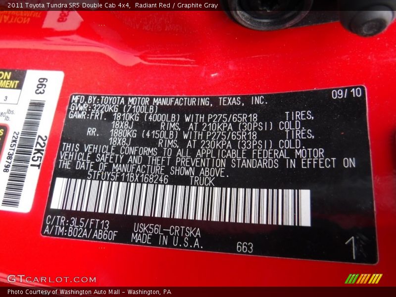 Radiant Red / Graphite Gray 2011 Toyota Tundra SR5 Double Cab 4x4