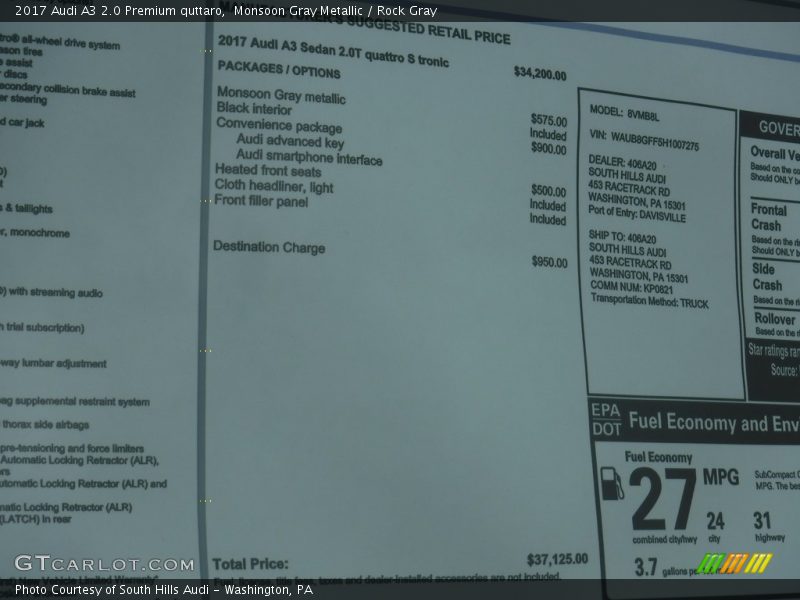  2017 A3 2.0 Premium quttaro Window Sticker