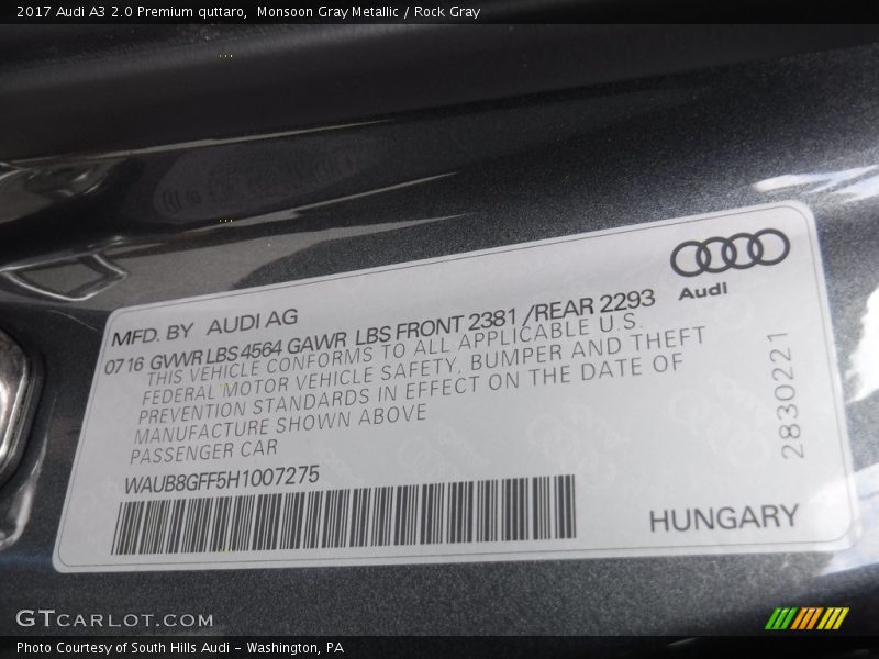 Monsoon Gray Metallic / Rock Gray 2017 Audi A3 2.0 Premium quttaro