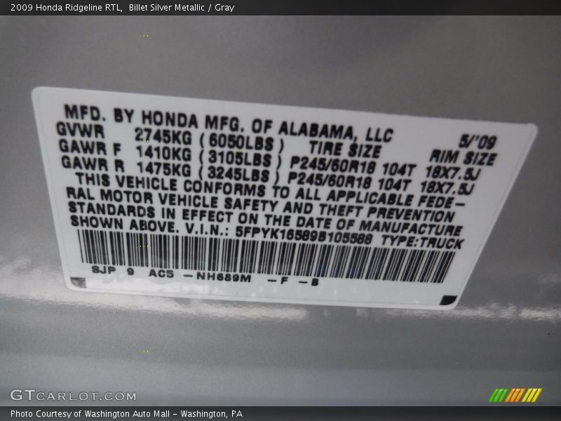 Billet Silver Metallic / Gray 2009 Honda Ridgeline RTL