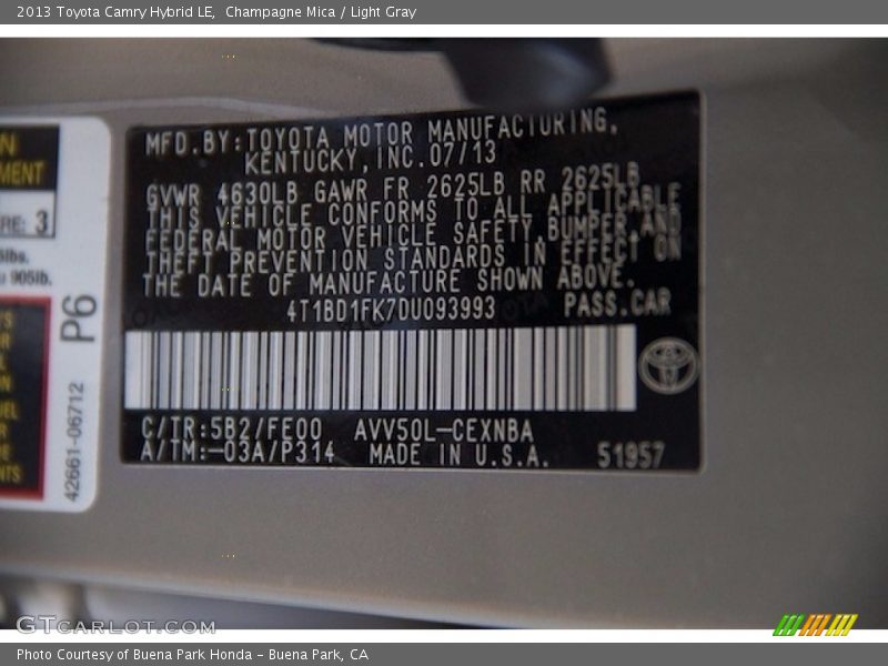 Champagne Mica / Light Gray 2013 Toyota Camry Hybrid LE