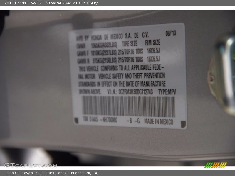 Alabaster Silver Metallic / Gray 2013 Honda CR-V LX