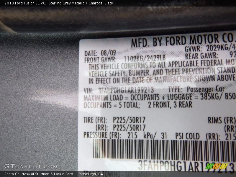 Sterling Grey Metallic / Charcoal Black 2010 Ford Fusion SE V6