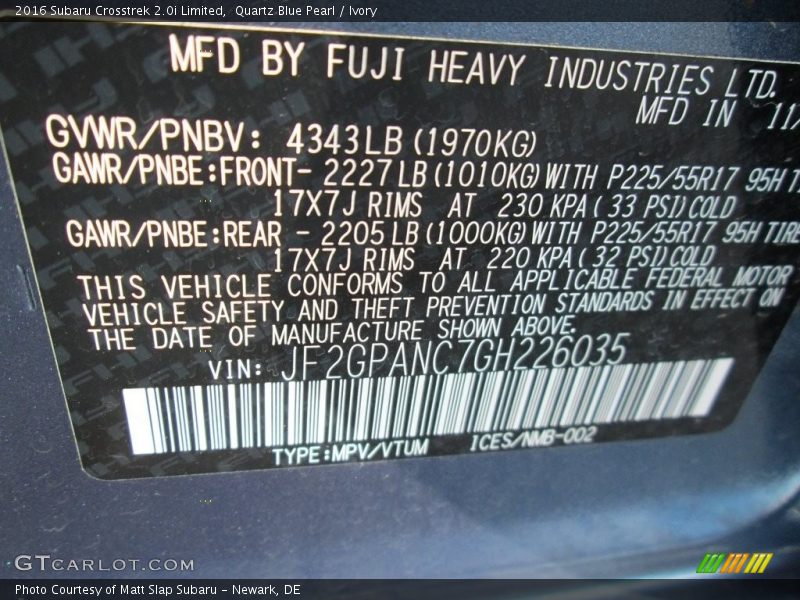 Quartz Blue Pearl / Ivory 2016 Subaru Crosstrek 2.0i Limited