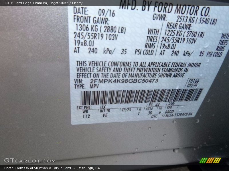 Ingot Silver / Ebony 2016 Ford Edge Titanium