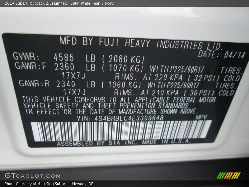 Satin White Pearl / Ivory 2014 Subaru Outback 2.5i Limited