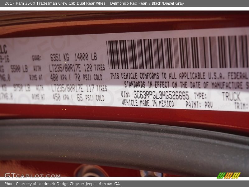 2017 3500 Tradesman Crew Cab Dual Rear Wheel Delmonico Red Pearl Color Code PRV