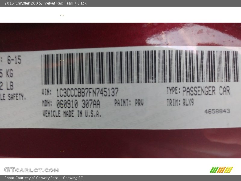Velvet Red Pearl / Black 2015 Chrysler 200 S