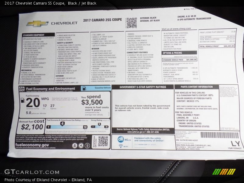  2017 Camaro SS Coupe Window Sticker