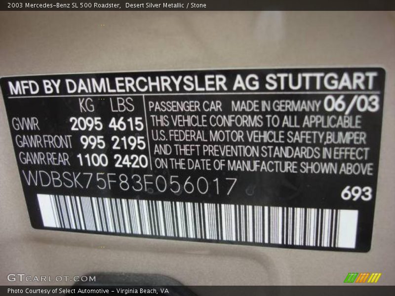 Desert Silver Metallic / Stone 2003 Mercedes-Benz SL 500 Roadster