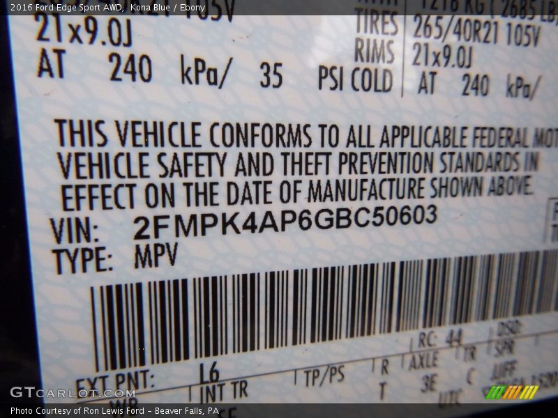 Kona Blue / Ebony 2016 Ford Edge Sport AWD