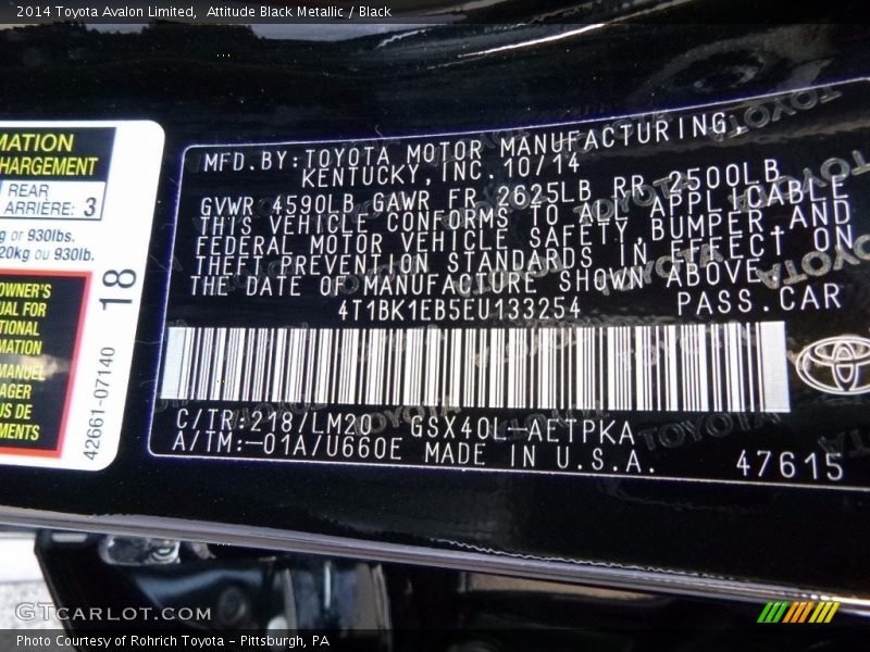 Attitude Black Metallic / Black 2014 Toyota Avalon Limited