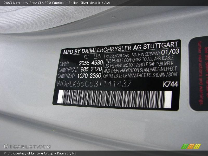 Brilliant Silver Metallic / Ash 2003 Mercedes-Benz CLK 320 Cabriolet